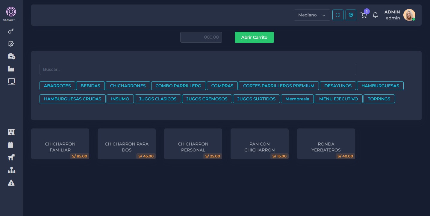 Pantalla principal del punto de venta con categorías de productos