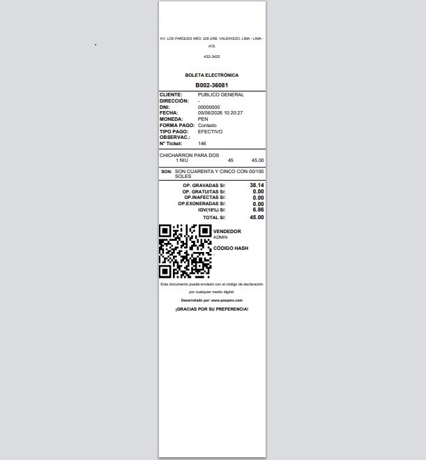Boleta electrónica SUNAT generada con código QR lista para imprimir