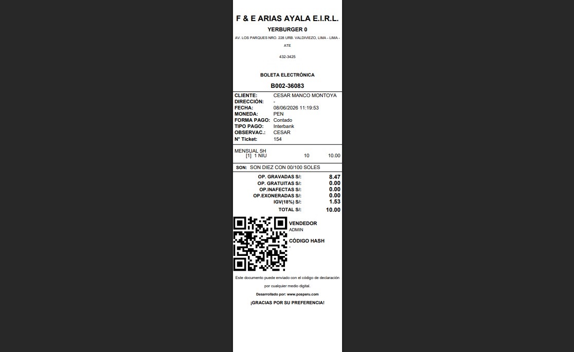 Boleta electrónica emitida a SUNAT